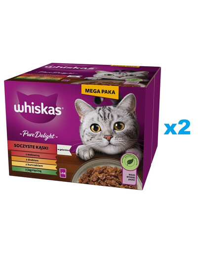 WHISKAS Adult Pure Delight Juicy Bites v želé 48x85 g kúsky s hovädzím, kuracím, jahňacím, hydinovým mäsom pre dospelé mačky
