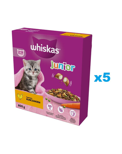 WHISKAS Junior 5x800 g kompletné krmivo pre mačiatka s lahodným kuracím mäsom