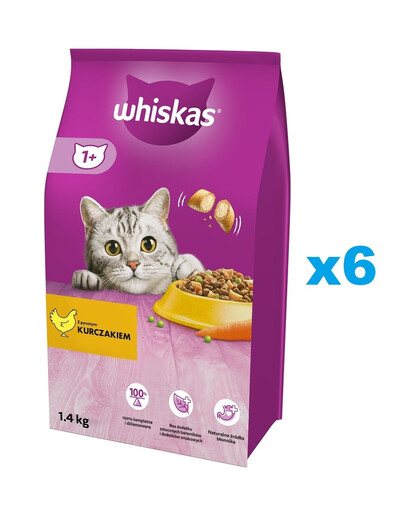 WHISKAS Adult 6x1,4 kg Kompletné krmivo pre dospelé mačky s lahodným kuracím mäsom