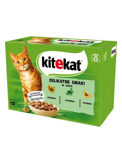 KITEKAT Delikatne Smaki vrecko 12x85 g kompletné mokré krmivo pre dospelé mačky s morkou, králikom a hydinou v omáčke