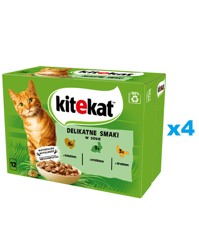 KITEKAT Delikatne Smaki vrecko 48x85 g kompletné mokré krmivo pre dospelé mačky s morkou, králikom a hydinou v omáčke