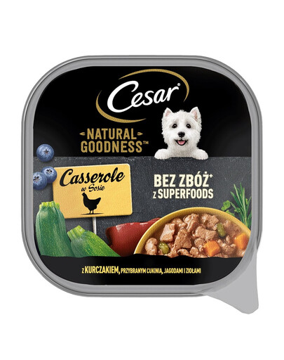 CESAR Natural Goodness 100 g omáčková vanička s kuracím mäsom, cuketou, lesným ovocím a bylinkami.