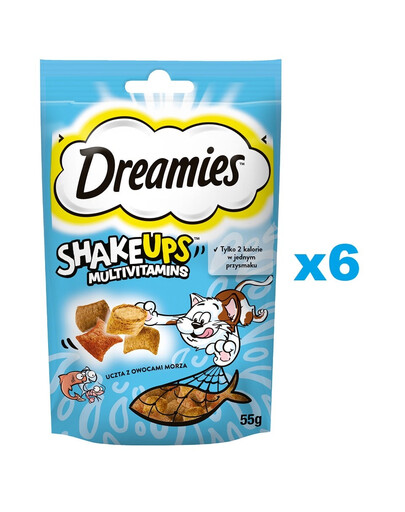 DREAMIES ShakeUps Multivitamins 6x55g pochúťka z morských plodov pre mačky s príchuťou lososa, tuniaka a kreviet