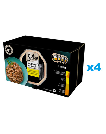 SHEBA Selection Hydinové príchute 32x85 g kompletné krmivo pre dospelé mačky v omáčke kúsky s kuracím a morčacím, kuracím, hydinovým, morčacím