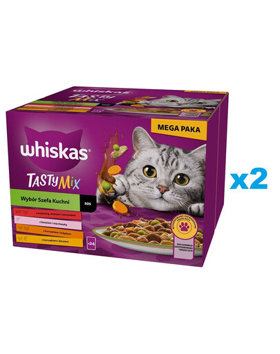 WHISKAS Adult Tasty Mix Chef's Choice v omáčke 48x85 g kúskov s hovädzím, lososovým, kuracím a morčacím mäsom, kuracím mäsom a treskou pre dospelé mačky