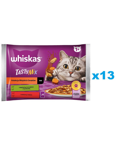 WHISKAS Adult vrecúško 52x85g kolekcia vidieckych príchutí -  krmivo pre mačky v omáčke, kúsky s jahňacím, kuracím a mrkvovým, hovädzím a hydinovým mäsom