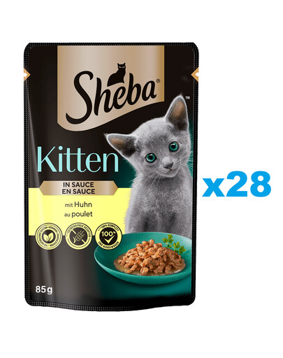 SHEBA Kitten kapsička 28x85 g Kompletné krmivo pre mačiatka s kúskami kuracieho mäsa v omáčke