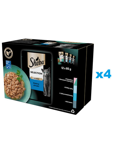 SHEBA Selection Rybie príchute v omáčke 48×85g – krmivo pre mačky s lososom a čiernou treskou, bielou rybou, morskými rybami a treskou