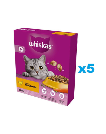 WHISKAS Adult 5x800 g kompletné krmivo s lahodným kuracím mäsom pre dospelé mačky