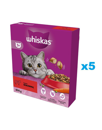 WHISKAS Adult 5x800g kompletné krmivo pre dospelé mačky s lahodným hovädzím mäsom