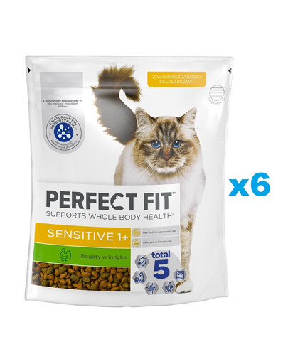 PERFECT FIT Sensitive 1+ 6x750 g kompletné suché krmivo pre dospelé mačky, bohaté na morčacie mäso