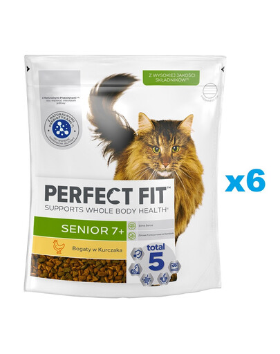 PERFECT FIT Senior 7+ 6x750 g kompletné suché krmivo pre staršie mačky, bohaté na kuracie mäso