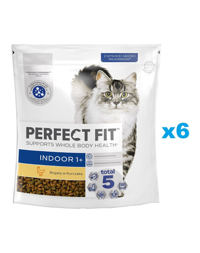 PERFECT FIT Indoor 1+ 6x750 g kompletné suché krmivo pre dospelé mačky bohaté na kuracie mäso