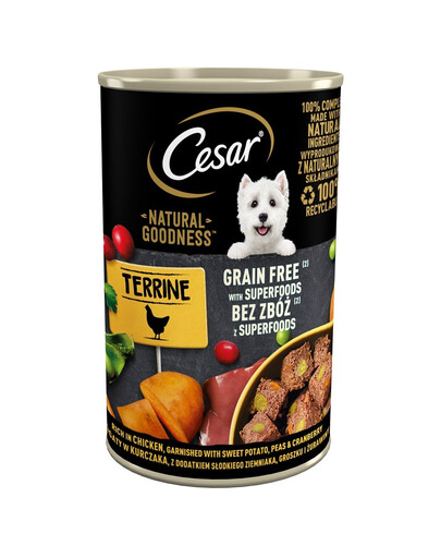 CESAR Natural Goodness 400g kompletné krmivo pre dospelé psy bohaté na kura s prídavkom batátov, hrášku a brusníc