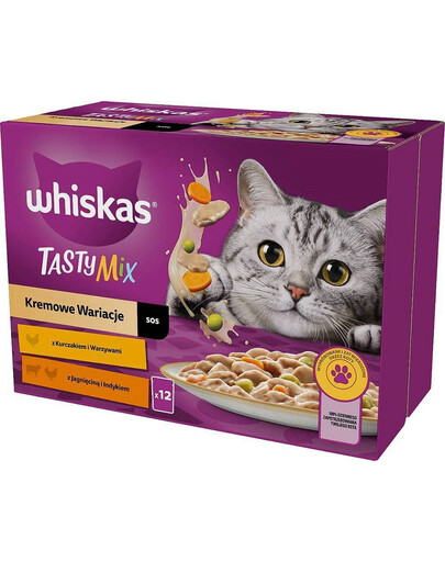 WHISKAS Adult kapsička 12x85g Krémové krmivo pre dospelé mačky v omáčke s: kuracím mäsom a zeleninou, jahňacím a morčacím mäsom