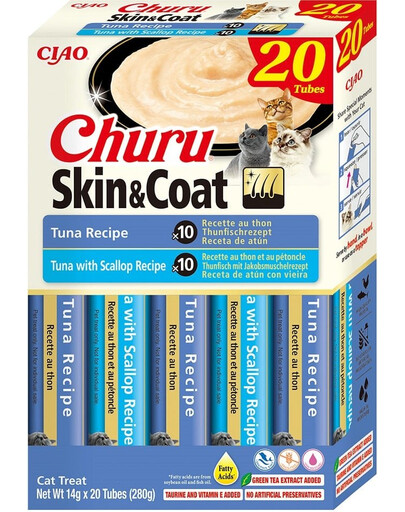 INABA Churu Cat Skin Coat 20x14g krémová pochúťka z tuniaka, tuniaka a hrebenatky pre mačky