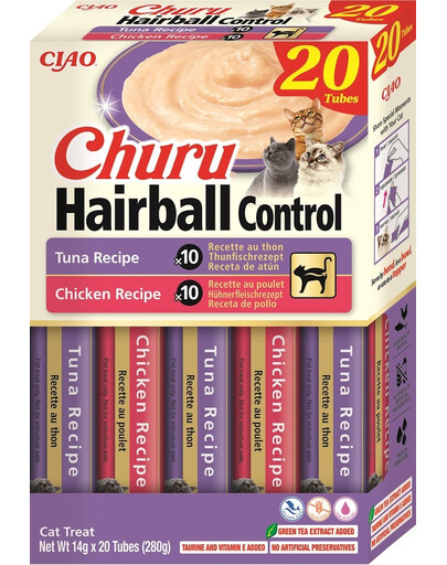INABA Churu Cat Hairball 20x14g smotanová pochúťka s tuniakom a kuracím mäsom pre mačky