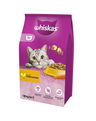 WHISKAS granule s kuracím mäsom 14 kg + WHISKAS Can Jelly Chicken 12x400g Krmivo pre dospelé mačky v želé