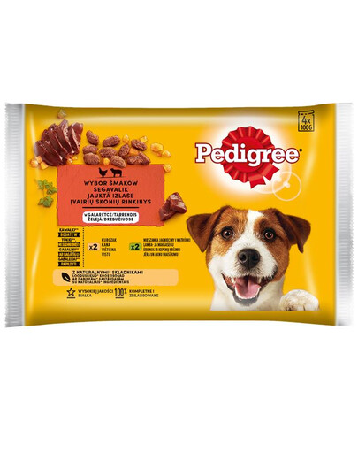 PEDIGREE Adult Selection of Flavours v želé 4x100g krmivo pre dospelé psy s kúskami bohatými na kuracie mäso a zmes jahňacieho mäsa a pečene