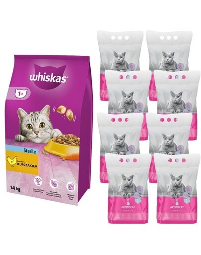 WHISKAS Sterile 14kg + ARISTOCAT PREMIUM silikónové stelivo, bez zápachu 8x3,8l