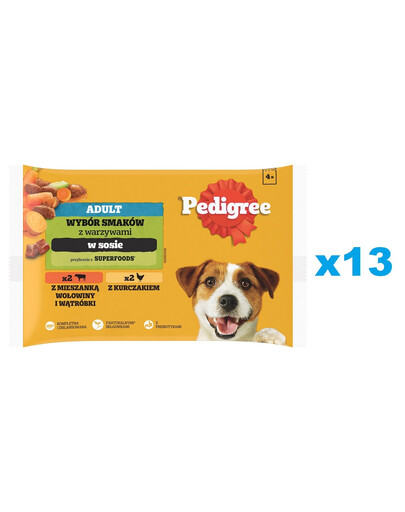 PEDIGREE Adult Wybór Smaków z warzywami saszetki 52x100 g mokra karma pełnoporcjowa dla dorosłych psów, z mieszanką wołowiny i wątróbki, z kurczakiem, w sosie