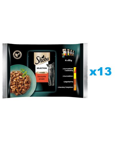 SHEBA Selection Šťavnaté príchute vrecúška 52x85 g kompletné krmivo pre dospelé mačky v kúskoch omáčky s kuracím a hovädzím mäsom, kuracím, jahňacím, kačacím a morčacím mäsom
