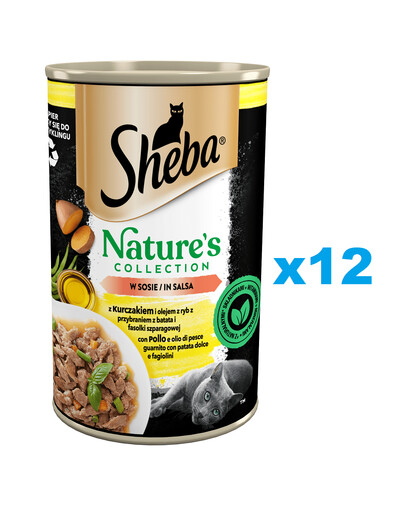 SHEBA konzerva 12x400 g Nature's Collection kompletné krmivo pre dospelé mačky s kuracím a rybím olejom s oblohou zo sladkých zemiakov a zelených fazúľ v omáčke