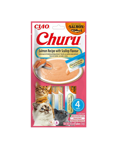 INABA Churu Cat Salmon with Scallop 4x14g krémová pochúťka pre mačky s príchuťou lososa a hrebenatky