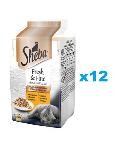 SHEBA Fresh & Fine 72x50g Kompletné krmivo pre dospelé mačky v omáčke s kuracím, morčacím