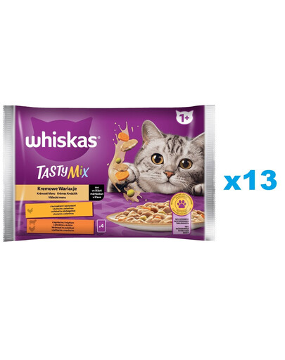 WHISKAS Adult vrecúško 52x85g Krémové variácie krmiva pre dospelé mačky v omáčke s: kuracím mäsom a zeleninou, jahňacím a morčacím