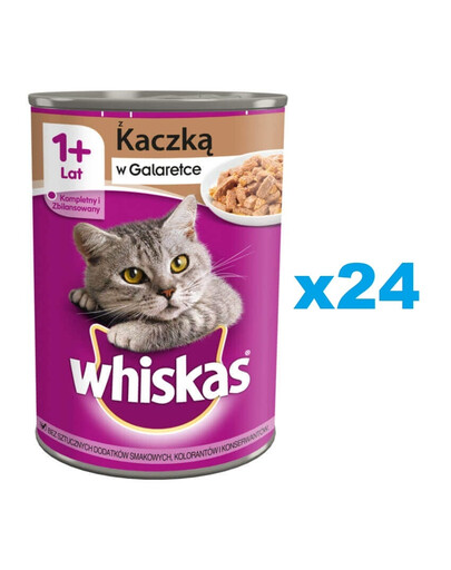 WHISKAS Adult konzerva 24x400 g - kompletné krmivo pre dospelé mačky, kúsky s kačicou v želé
