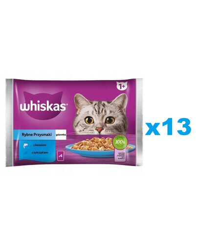 WHISKAS Adult vrecúško 52x85g Rybie pochúťky - krmivo pre dospelé mačky v želé s: lososom, tuniakom