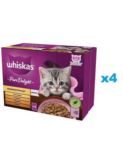 WHISKAS Junior vrecúško 48x85g Hydinové pochúťky - krmivo pre mačiatka v želé s: kura, morka, hydina, kačica