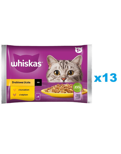 WHISKAS Adult vrecúško 52x85 g Hydinové hody krmivo pre dospelé mačky v omáčke s: kuracím, morčacím