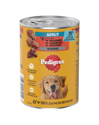PEDIGREE Adult konzerva 400 g mokrá kompletná strava pre dospelých psov s 3 druhmi: hovädzím, jahňacím a kuracím, v mousse