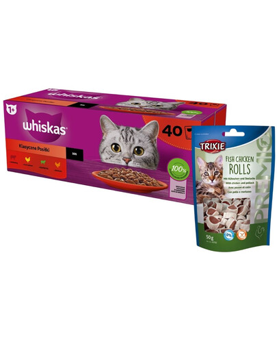 WHISKAS Classic Meals mokré krmivo pre mačky v omáčke 40x85 g + TRIXIE kuracie a lososové krúžky 50 g