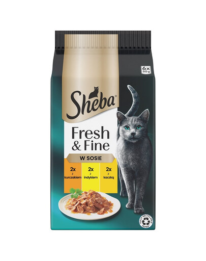 SHEBA Fresh & Fine vrecúška 6x50 g krmivo pre mačky v omáčke s kuracím mäsom, morčacím, kačacím