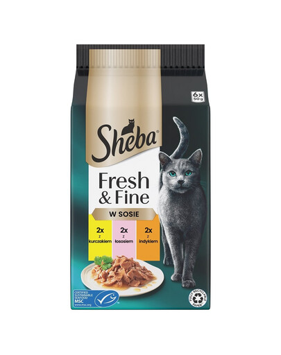 SHEBA Fresh & Fine vrecúška 6x50 g mokré krmivo pre mačky v omáčke s kuracím mäsom, lososom, morčacím mäsom