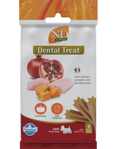 FARMINA N&D Pumpkin Dental Treat Chicken Pomegranate Mini 60 g (7 ks) Dentálna maškrta pre psov malých plemien