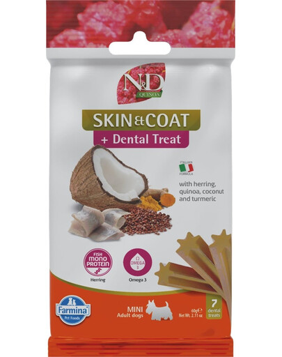 FARMINA N&D Quinoa Dental Treat Skin Coat Herring Mini 60 g (7 ks) Dentálna maškrta pre psov malých plemien