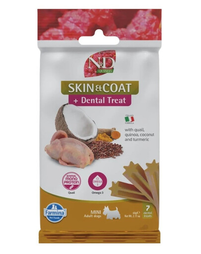 FARMINA N&D Quinoa Dental Treat Skin & Coat Quail Mini 60 g (7 ks) Dentálna maškrta pre malé plemená psov