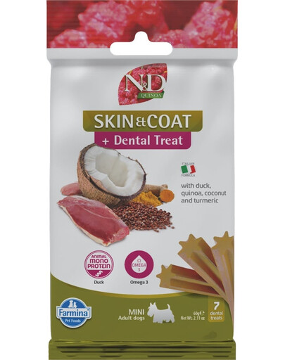 FARMINA N&D Quinoa Dental Treat Skin Coat Duck Mini 60 g (7 ks) Dentálna maškrta s kačicou pre psov