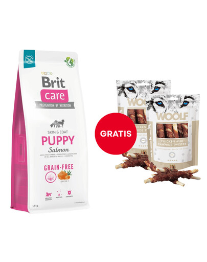 BRIT Care Grain-free Puppy karma sucha z łososiem 12 kg + WOOLF Chicken And Rawhide Twister 2 x 100g suszona skóra owinięta kurczakiem GRATIS