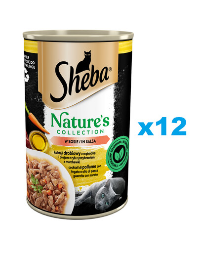 SHEBA puszka 12x400 g Nature's Collection mokra pełnoporcjowa karma dla dorosłych kotów koktajl drobiowy z wątróbką i olejem z ryb z przybraniem z marchewki w sosie