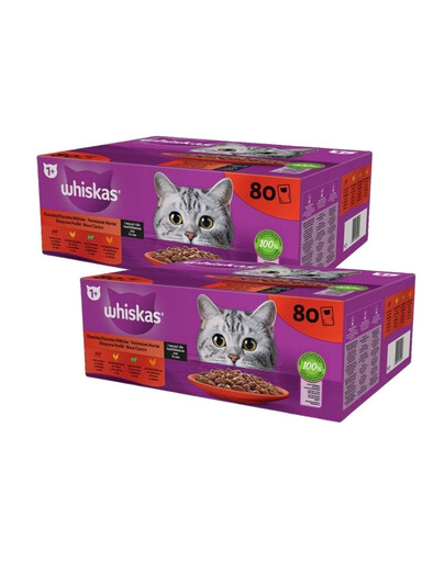 WHISKAS Adult 160×85g Kapsička s hovädzím, kuracím mäsom, jahňacinou a hydinou