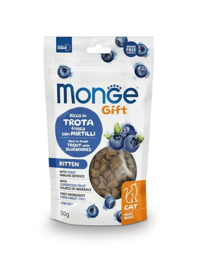 MONGE Kitten With yeast immune defense Pstruh s čučoriedkami 50 g