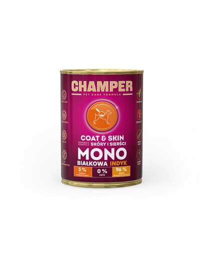 CHAMPER Coat Skin 400g Monoproteínové krmivo pre psov s morčacinou
