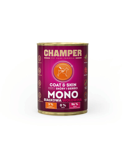 CHAMPER Coat Skin 400g Monoproteínové krmivo pre psov s hovädzinou