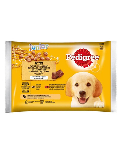 PEDIGREE Junior Rôzne príchute s ryžou 4x100g vrecko v želé kuracie a hovädzie