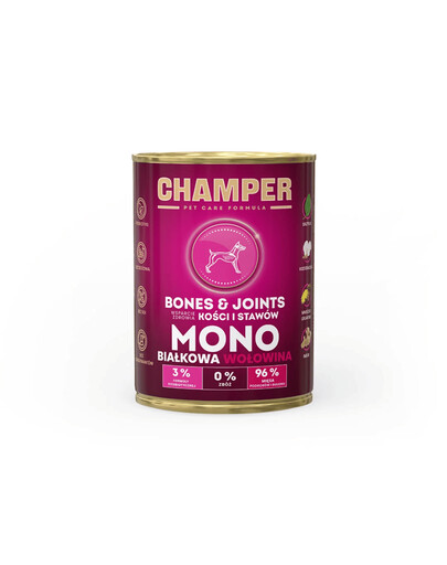 CHAMPER Bones Joints 400 g Monoproteínová konzerva pre psov s hovädzinou